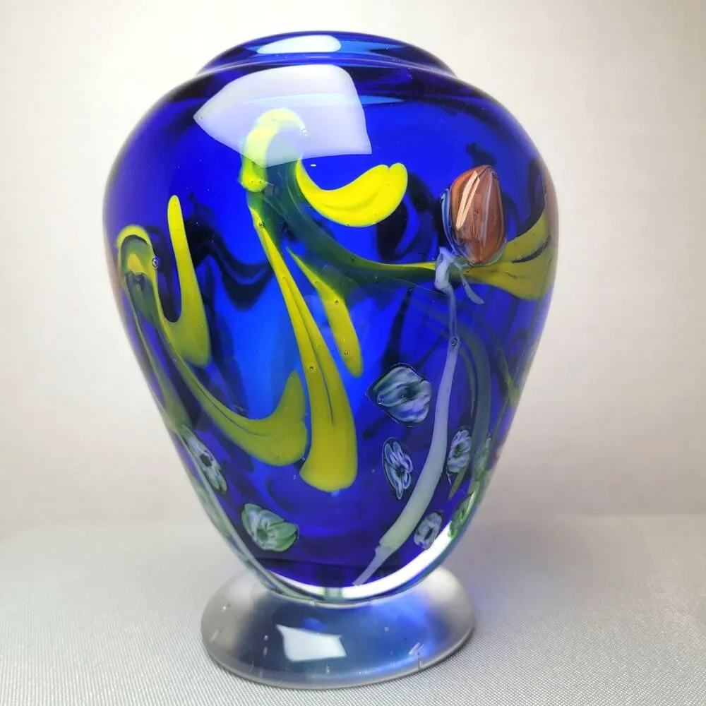 Kusak Art Glass Paperweight Pedestal Vase Cobalt Blue with Cased Flowers 5.5”